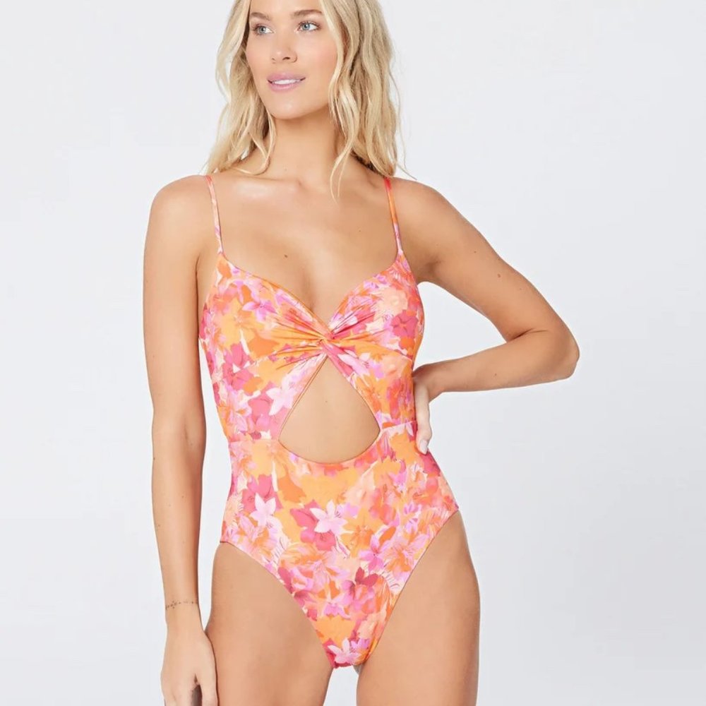 L*SPACE Eco Chic Kyslee Tropical Print pink and orange One Piece Swimsuit Size 6